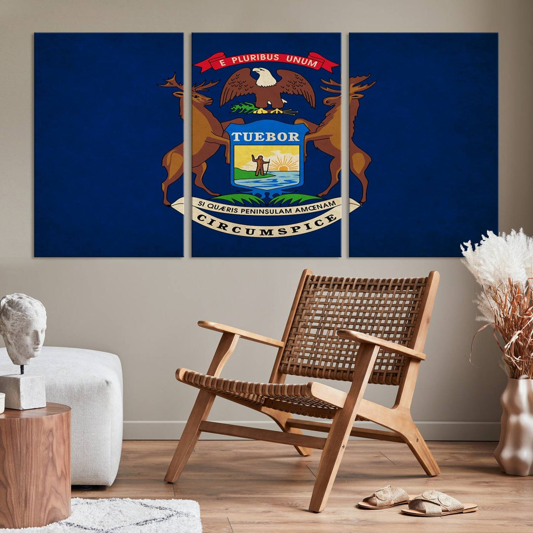 A piece of Michigan State Flag Wall Art on museum-quality canvas features a UV-protective coating to maintain its vibrant colors.