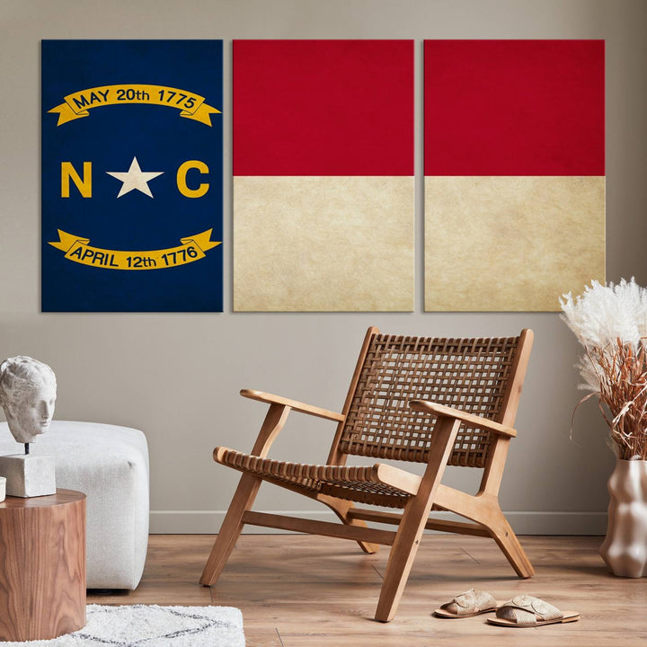 A museum-quality North Carolina State Flag Wall Art Canvas Print graces the wall, adding charm and character to any living space. Enjoy free shipping on this timeless piece.