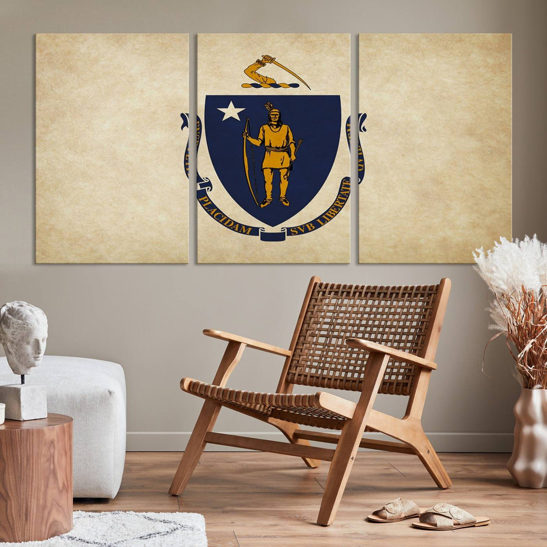 The Massachusetts State of Flag Wall Art Canvas Print, handcrafted on a museum-quality canvas with UV-protective coating, decorates the wall. It is ready to hang and adds a touch of elegance to the space.