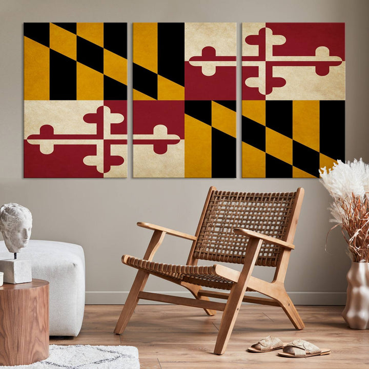 The Maryland Flag Wall Art Canvas Print, boasting a UV-protective coating for vibrant colors and durability, is a museum-quality piece offered with free shipping, making it the perfect addition to your space.