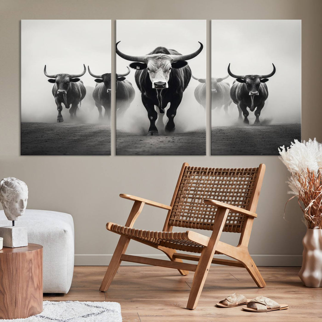 The Texas Longhorn Cow Animal Wall Art Canvas Print beautifully embellishes the area with its depiction of longhorn cattle in a misty setting, seamlessly integrating Western decor into the space.