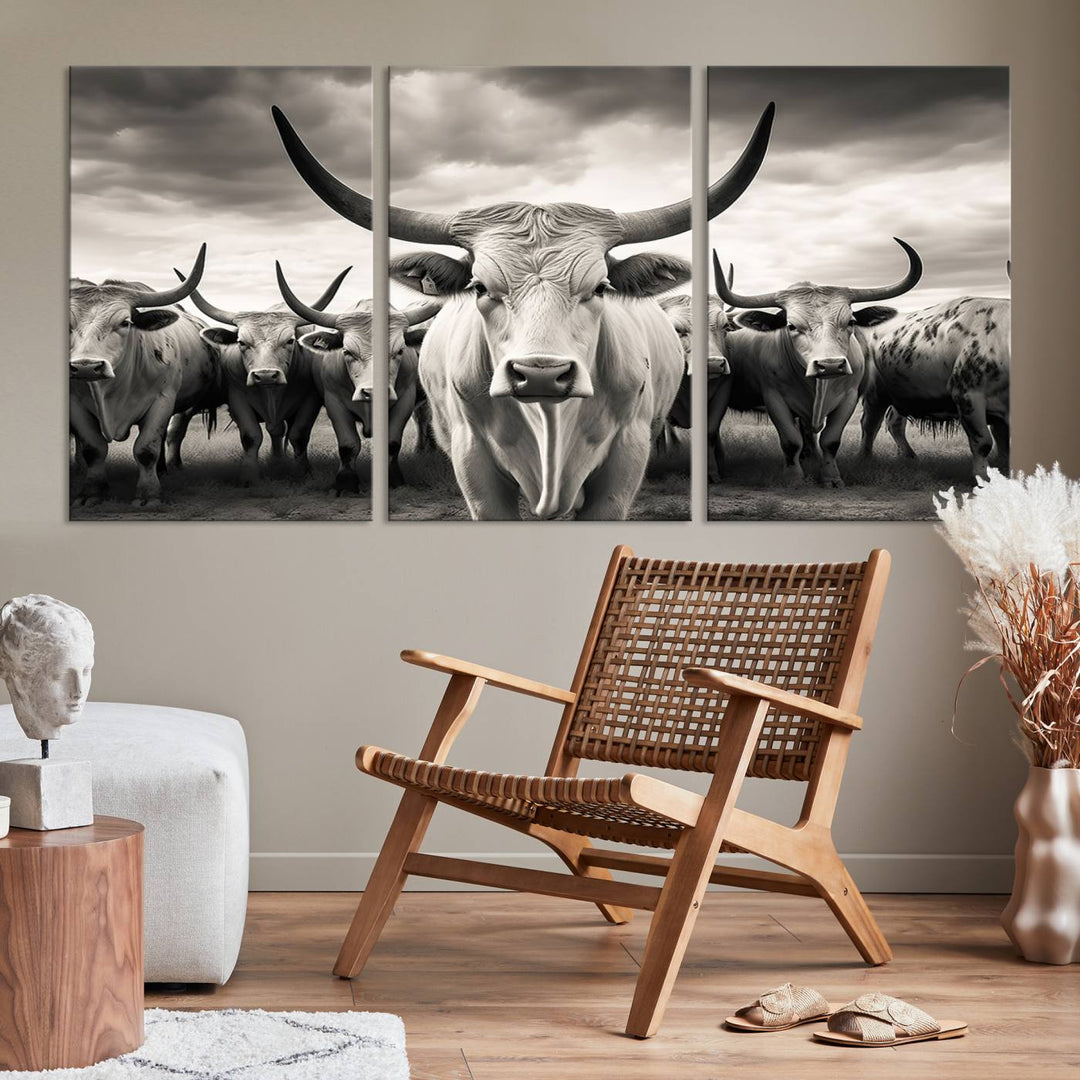 A Texas Longhorn Cow Animal Wall Art Canvas Print introduces a Western-themed accent.