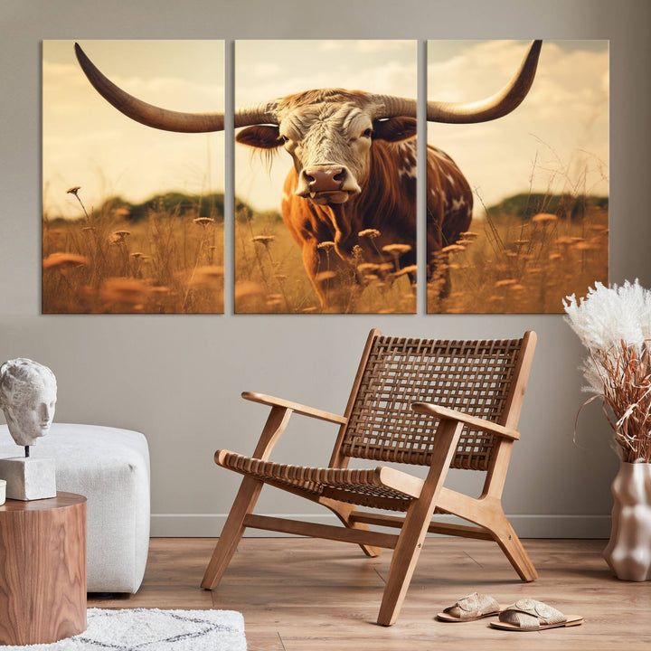 Cow Bighorn Wall Art Canvas Print, Longhorn Texas Cow Animal Canvas Print