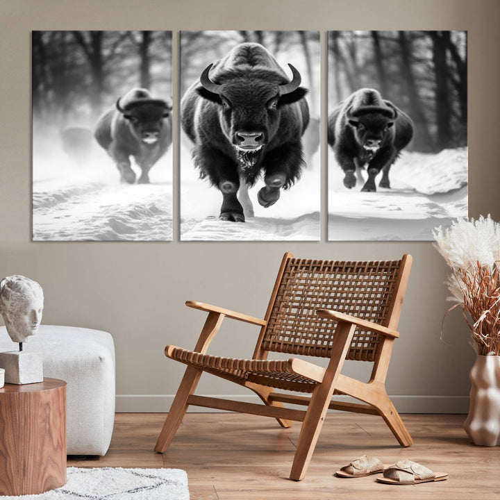 Transform your living room with the Buffalo Wall Art Canvas Print triptych, showcasing a bison family in motion across a snowy landscape. This striking Western decor piece becomes the focal point of any room.