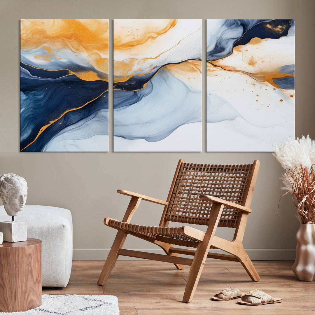 Modern living room featuring the 'Extra Large Orange Navy Blue Abstract Wall Art Canvas Print.'