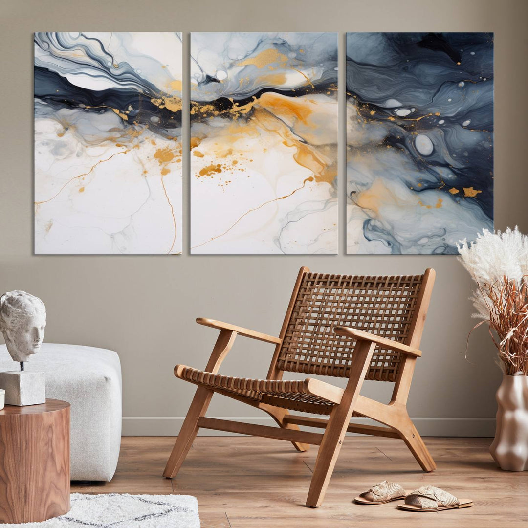 The Dark Blue and Orange Abstract Wall Art, featuring museum-quality canvas with captivating dark and golden swirls, is ready to hang and boasts a UV-protective coating to ensure enduring vibrancy and sophistication.