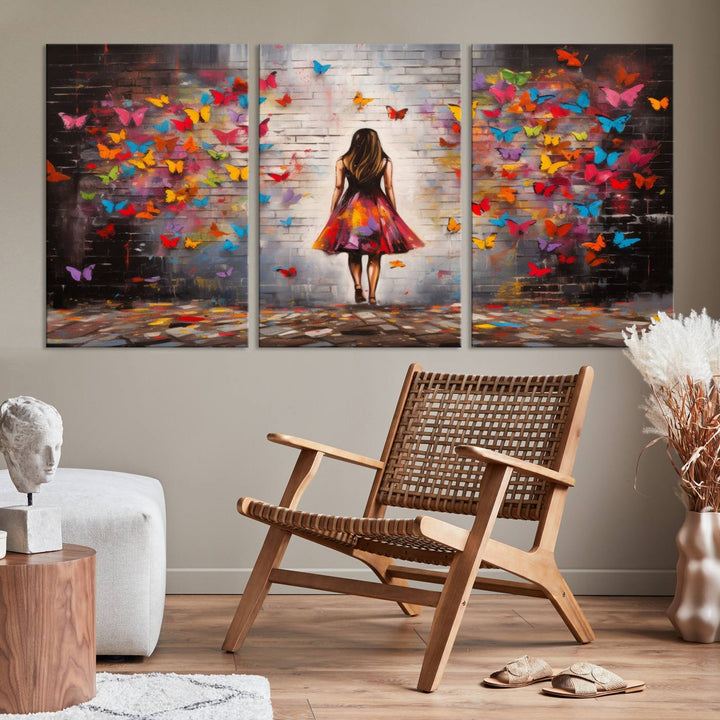 A vibrant artwork titled "Graffiti Wall Art Canvas Print Girl Butterfly Graffiti Abstract Canvas Print" is displayed above the couch. This gallery-wrapped masterpiece, printed on museum-quality canvas, features a UV-protective coating to preserve its vivid beauty.