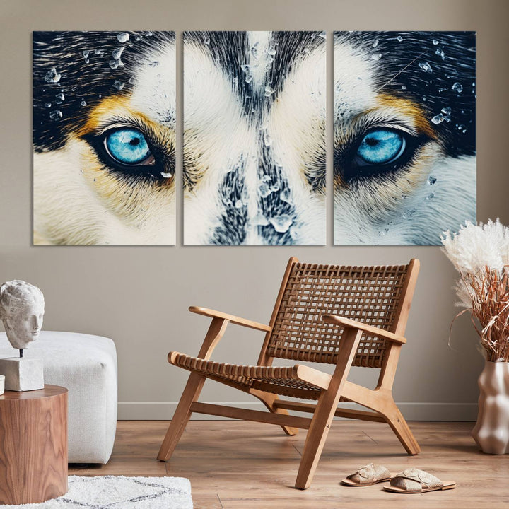 The captivating "Winter Siberian Husky Wolf EYE Wall Art Canvas Print" showcases the striking blue eyes of the animal portrait.