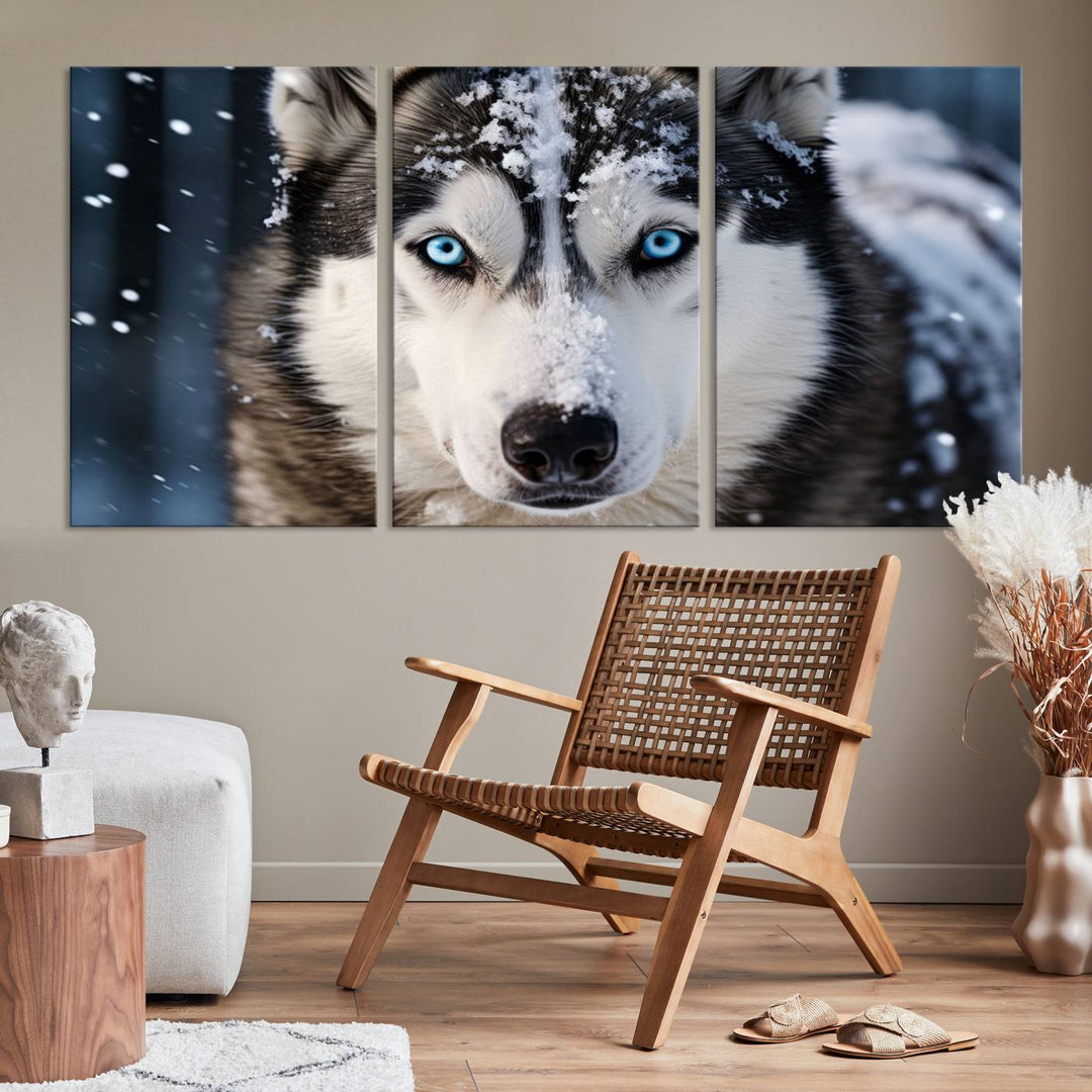 A digital art piece titled "Winter Siberian Husky Wolf Wall Art Canvas Print" showcases a blue-eyed husky blanketed in snow. Printed on high-quality canvas, it is an ideal choice for nature and dog enthusiasts.