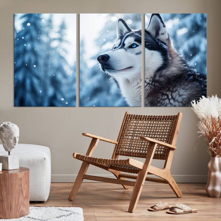 The "Winter Siberian Husky Wolf Wall Art Canvas Print" is elegantly displayed, enhancing the room's cozy ambiance in a snowy forest setting.