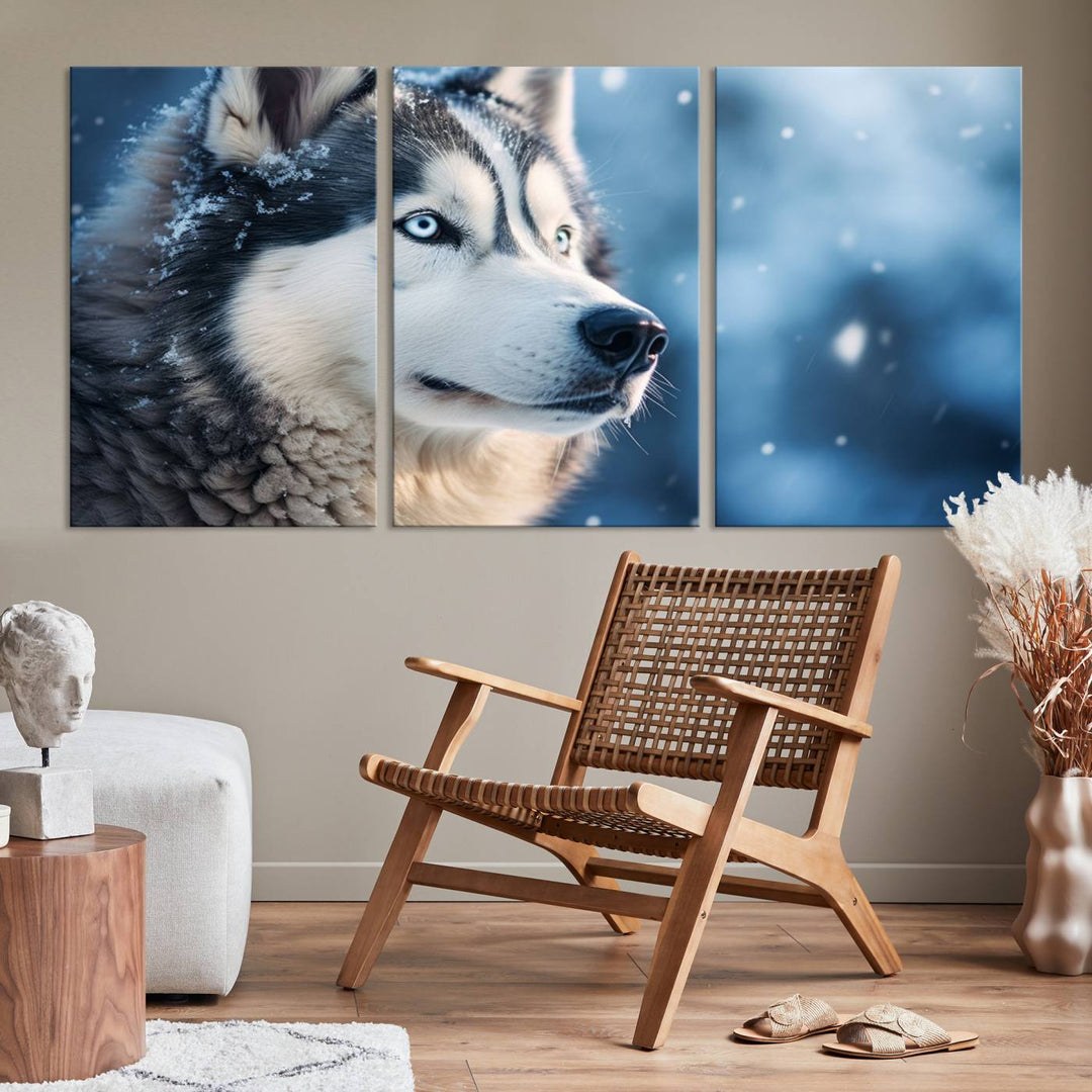 The space above the sofa features the Winter Siberian Husky Wolf Wall Art Canvas Print, creating a stunning snowy scene.