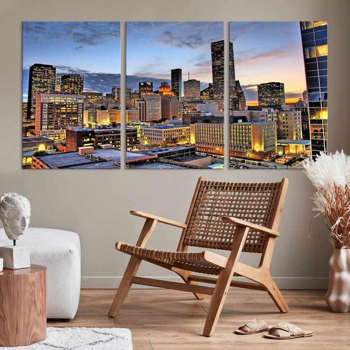 The modern living room features the Houston Wall Art Canvas Print on the wall. This professional craftsman framed masterpiece depicts a cityscape and is created with museum-quality polycotton canvas, ensuring a polished look that enhances its elegant charm.