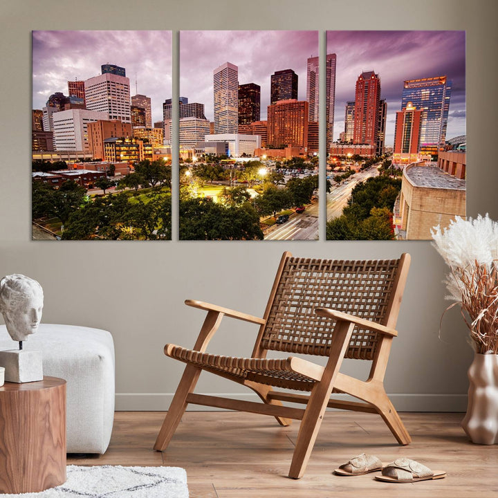 The Houston Wall Art Canvas Print in the living room displays a vibrant city skyline at twilight on museum-quality canvas with UV-protective coating.