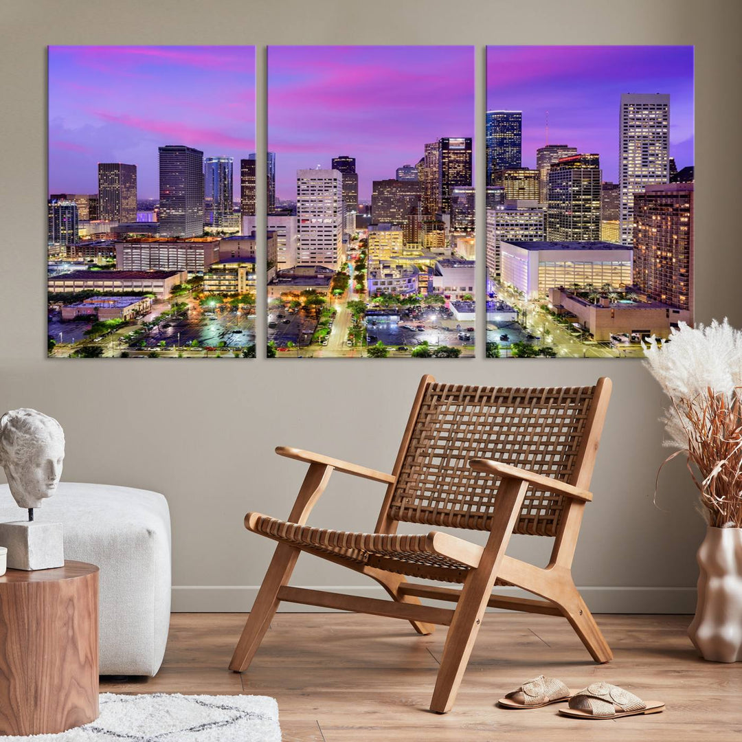 Houston Wall Art Canvas Print showcasing a vibrant cityscape at dusk on museum-quality canvas, expertly crafted by professional craftsmen.