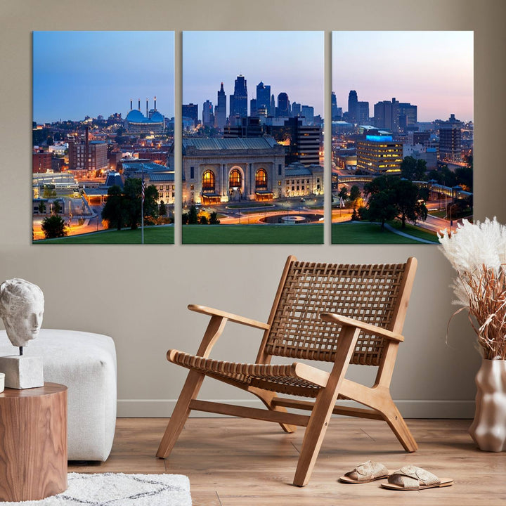 The Kansas City Skyline Canvas Wall Art Print hangs above, showcasing an iconic dusk cityscape with a historic building in the foreground, exuding urban sophistication.