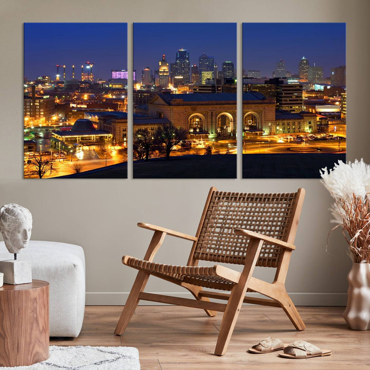 The Kansas City Night Canvas Print Wall Art creates a scene as captivating as museum-quality art, showcasing a city skyline at night with illuminated buildings.