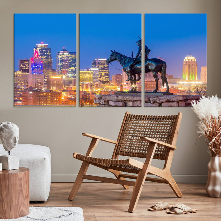 A large Kansas City Night Canvas Print Wall Art adorns the wall, gallery wrapped and finished with a UV-protective coating for lasting vibrancy.