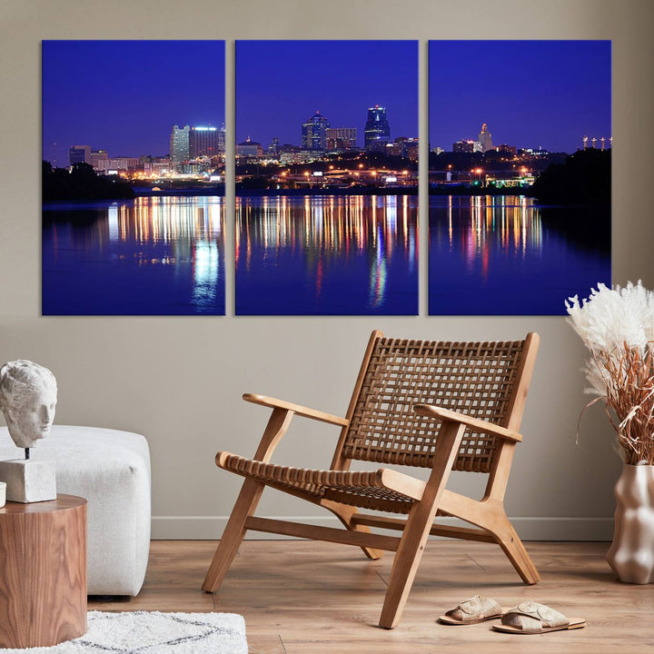 The Kansas City Night Canvas Print Wall Art captures the shimmering city skyline on the calm water, where every detail resembles a museum-quality polycotton masterpiece.