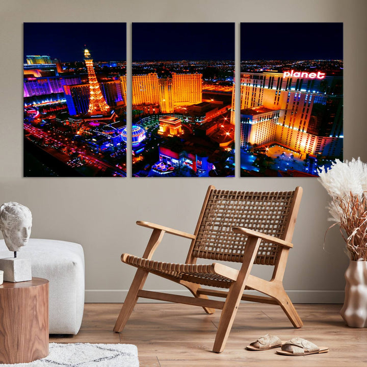 Las Vegas Wall Art Canvas Print showcases a dynamic and luminous cityscape at night with tall buildings and bustling streets. Expertly printed on museum-quality canvas, this gallery-wrapped artwork is enhanced with a UV-protective coating to ensure lasting brilliance.