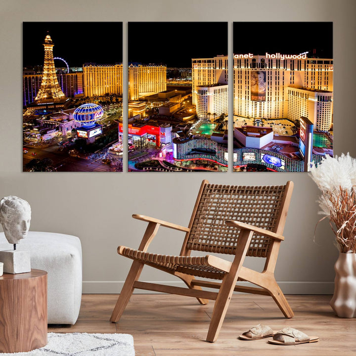 The Las Vegas Wall Art Canvas Print is a triptych set that showcases a stunning night view of Las Vegas. The illuminated buildings and the iconic faux Eiffel Tower add elegance to any space. Each piece comes with a UV-protective coating and is ready to hang, ensuring both style and durability.