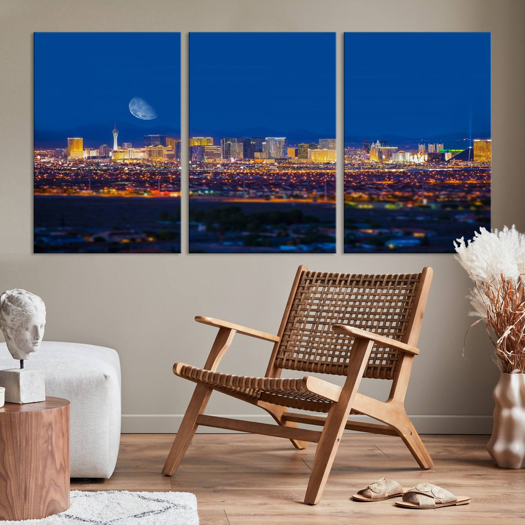 The Las Vegas Wall Art Canvas Print, depicting a city skyline at night, enhances a modern living room with its museum-quality canvas. This triptych comes ready to hang and boasts a UV-protective coating for lasting brilliance.