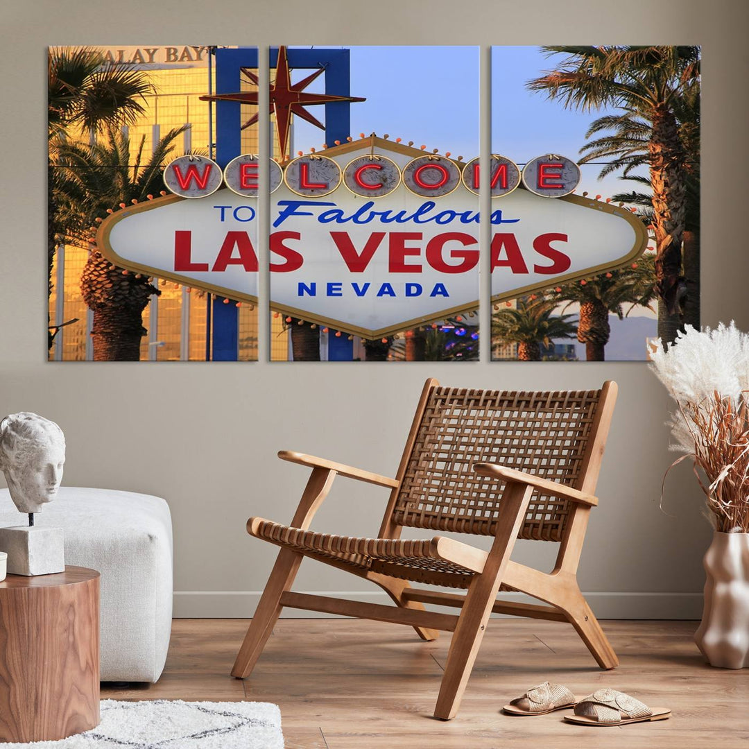 A Las Vegas Wall Art Canvas Print hangs on the wall, showcasing the iconic Welcome to Fabulous Las Vegas, Nevada sign. The museum-quality canvas guarantees vibrant colors with its UV-protective coating and is available with free shipping for added convenience.