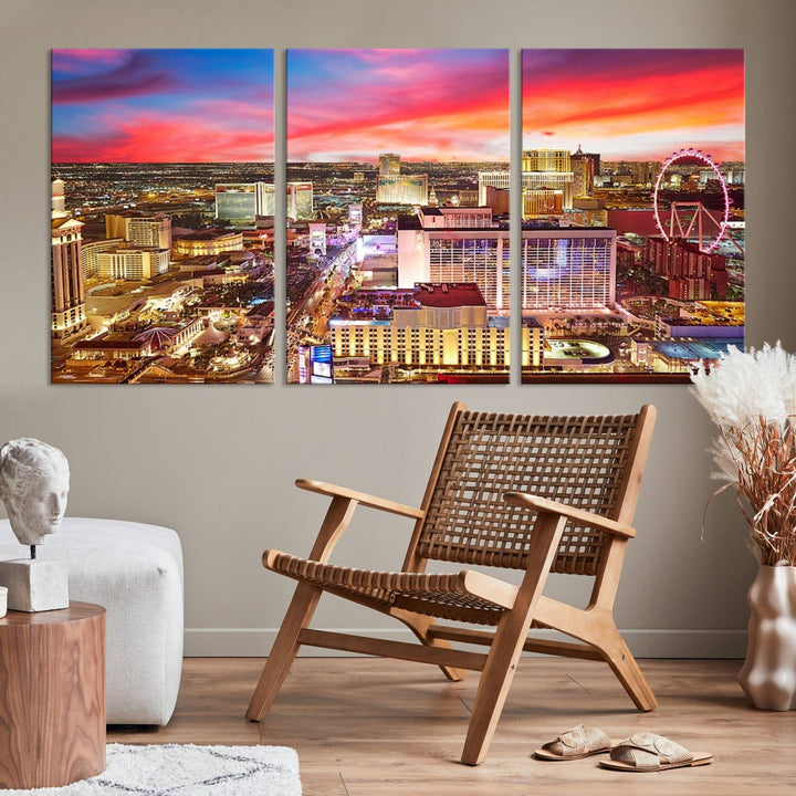 Las Vegas Wall Art Canvas Print depicting a vibrant cityscape at dusk on museum-quality canvas with a UV-protective coating, showcasing a skyline with colorful clouds.