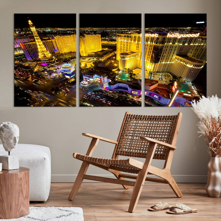 The modern living room features a Las Vegas Wall Art Canvas Print, a museum-quality triptych showcasing a vibrant cityscape with neon lights.