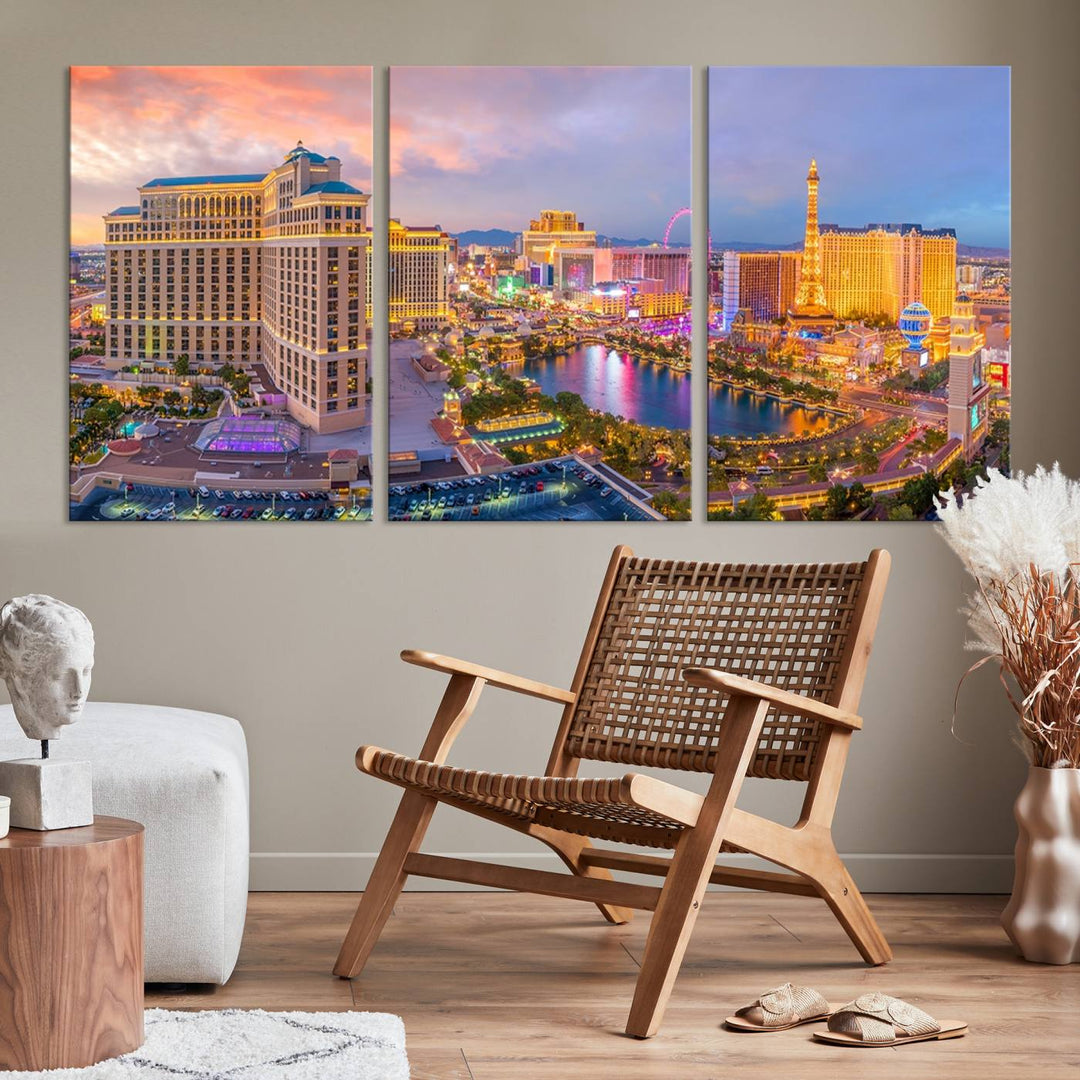 The gallery-wrapped triptych of the Las Vegas Wall Art Canvas Print, depicting the colorful skyline at sunset, adds a vibrant touch to the room. This artwork is crafted on museum-quality canvas and features a UV-protective coating for lasting durability.