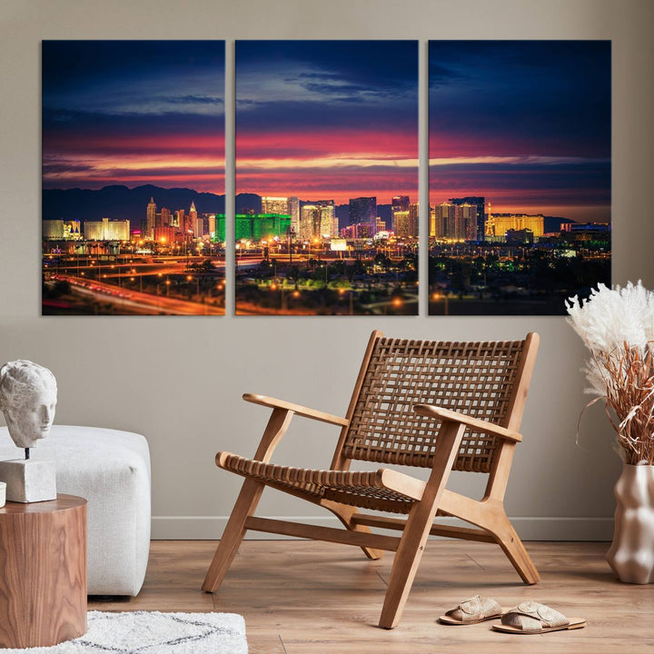 The living room is adorned with the Las Vegas Wall Art Canvas Print, a triptych showcasing a cityscape at sunset. This piece is crafted on museum-quality canvas and protected by a UV-coated finish, highlighting the craftsmanship of a skilled professional.