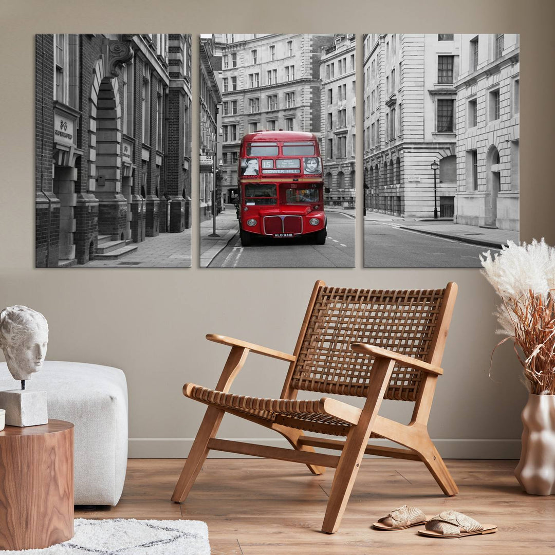 The living room features museum-quality London Red Bus Wall Art, showcasing a split canvas print of a red bus on a black and white city street. This artwork is ready to hang and includes a UV-protective coating to ensure long-lasting vibrance.