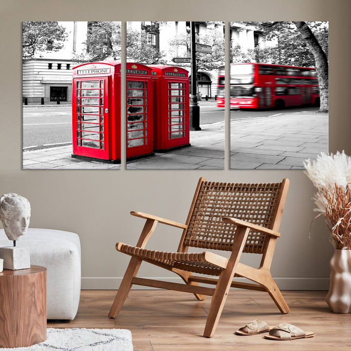 The London Red Bus and Phone Club Wall Art, a vivid night canvas print featuring iconic red buses and phone booths, is elegantly showcased on gallery-wrapped, museum-quality material. With its UV-protective coating, this captivating piece infuses your space with the charm of London.