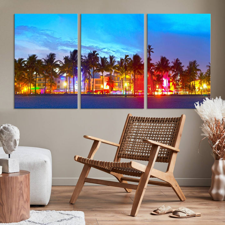 The living room features a three-panel Miami City Wall Art Canvas Print, showcasing a colorful, illuminated beach scene with palm trees on museum-quality canvas.