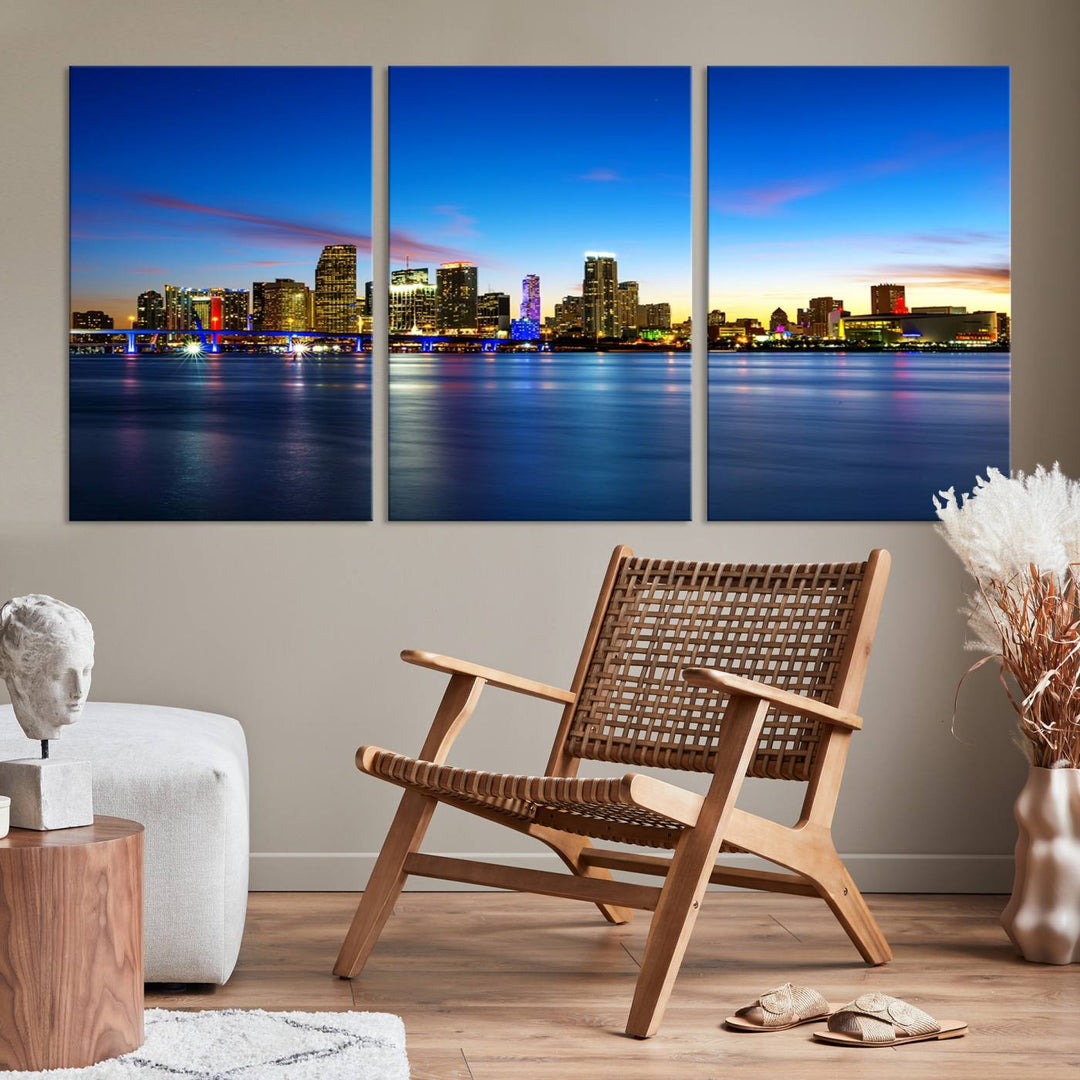 The living room features a Miami City Wall Art Canvas Print—a gallery-wrapped triptych displaying a city skyline at dusk, adding museum-quality elegance to the space.