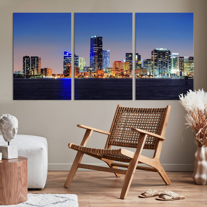 Miami City wall art canvas print showcasing a city skyline at dusk. Crafted on museum-quality canvas and designed to be ready to hang, it offers effortless elegance for your interior decor.