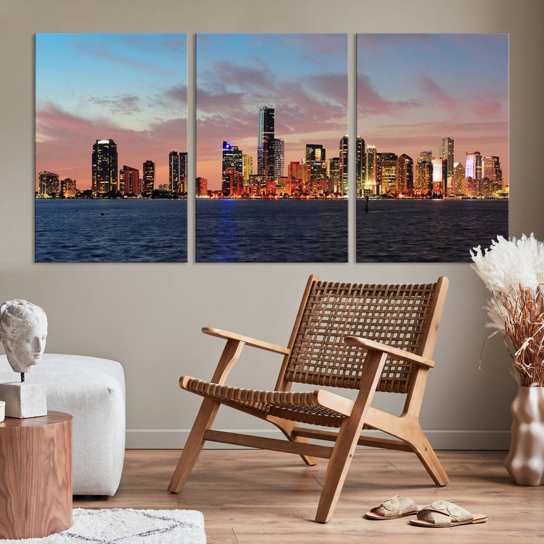 The Wall Art MIAMI Canvas Print emphasizes a vibrant cityscape at sunset. This artwork is presented on museum-quality canvas with gallery-wrapped edges, ensuring it stands out while maintaining its pristine condition for years to come.