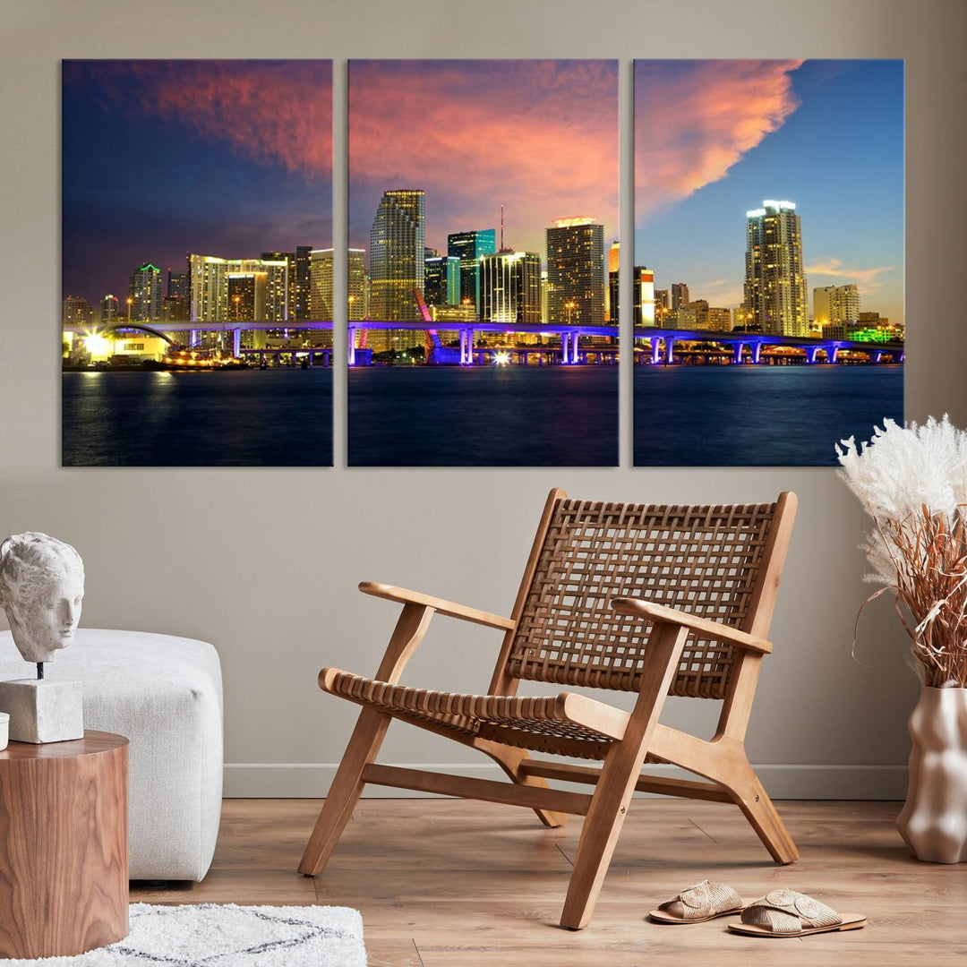 The modern living room is enhanced by the "Miami City Wall Art Canvas Print," a stunning triptych portraying a city skyline at sunset. These canvases are gallery wrapped and made from museum-quality materials, featuring a UV-protective coating to ensure lasting vibrancy.