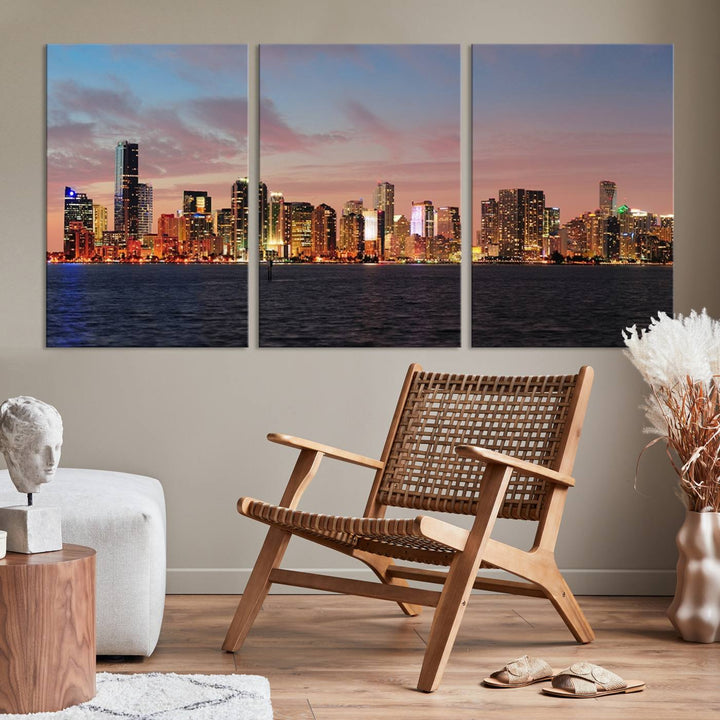 The living room features a gallery-wrapped triptych of the Miami City Wall Art Canvas Print above the sofa.