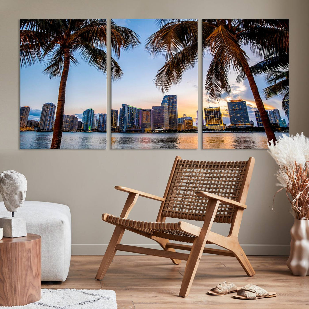 The Wall Art MIAMI Canvas Print features a triptych design depicting palm trees and a city skyline at sunset.