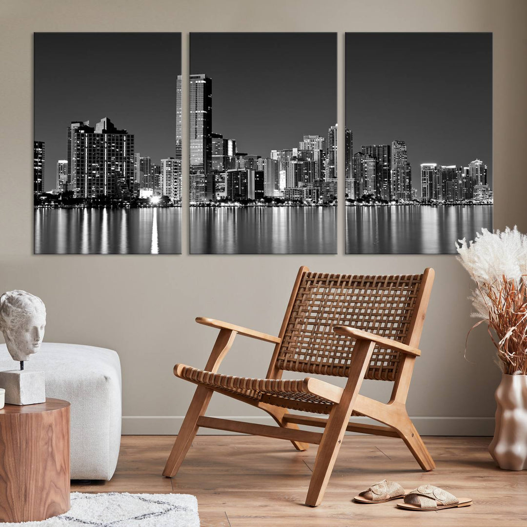 The Miami City Wall Art Canvas Print, a stunning triptych of the Miami skyline, elegantly hangs in this modern living room.