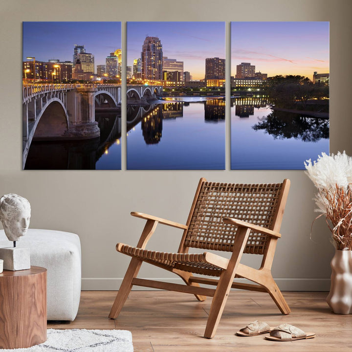 Display the Minneapolis Wall Art Canvas Print, featuring the Minnesota cityscape at dusk, on gallery-wrapped, museum-quality canvas.