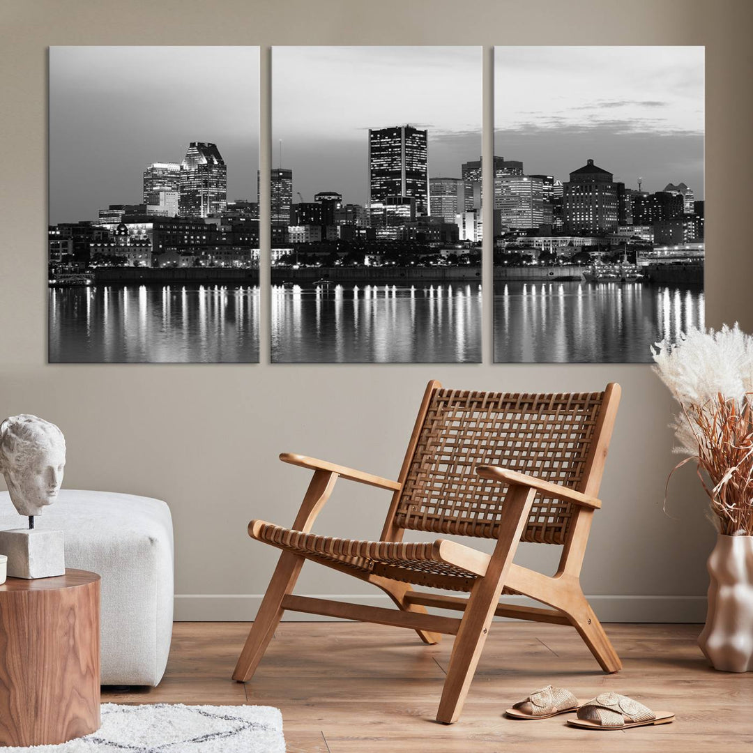 The "Montreal Canada City Wall Art," a black and white triptych of a city skyline at night, elegantly captures the reflections in water.