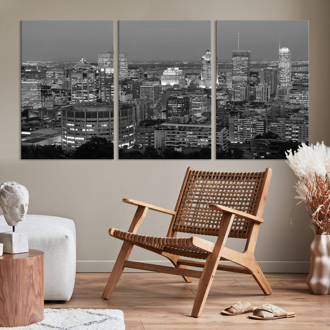 The gallery-wrapped, museum-quality canvas print features the Montreal Canada City Wall Art, showcasing a cityscape at night in black and white.