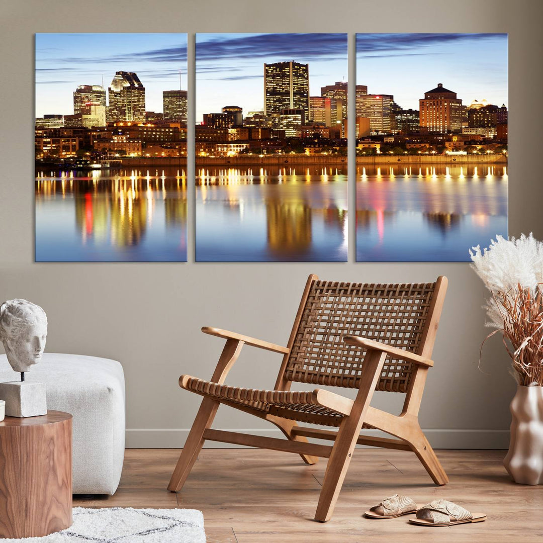 A Montreal Canada City Wall Art Canvas Print, depicting the cityscape at dusk and reflecting in calm waters, is crafted with museum-quality canvases and a UV-protective coating. This remarkable piece guarantees vibrant colors that remain stunning and ready to hang for years to come.