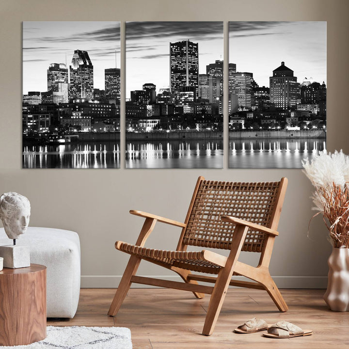 The contemporary living room features the Montreal Canada City Wall Art Canvas Print, an elegantly gallery-wrapped triptych on museum-quality canvas, prominently hung above.