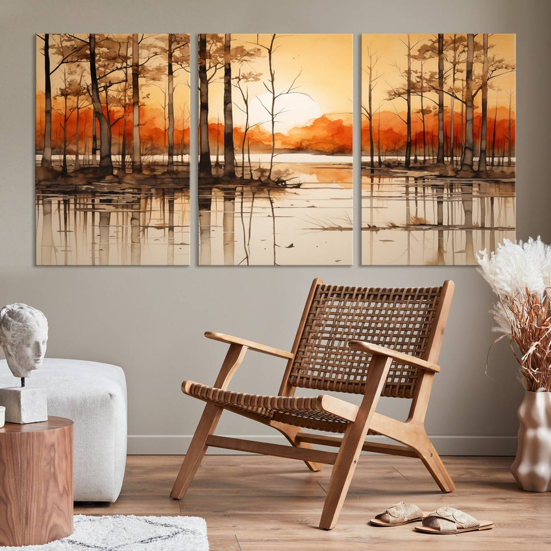 An Abstract Watercolor Trees and Sunset on Lake Wall Art Canvas Print, created on museum-quality canvas.