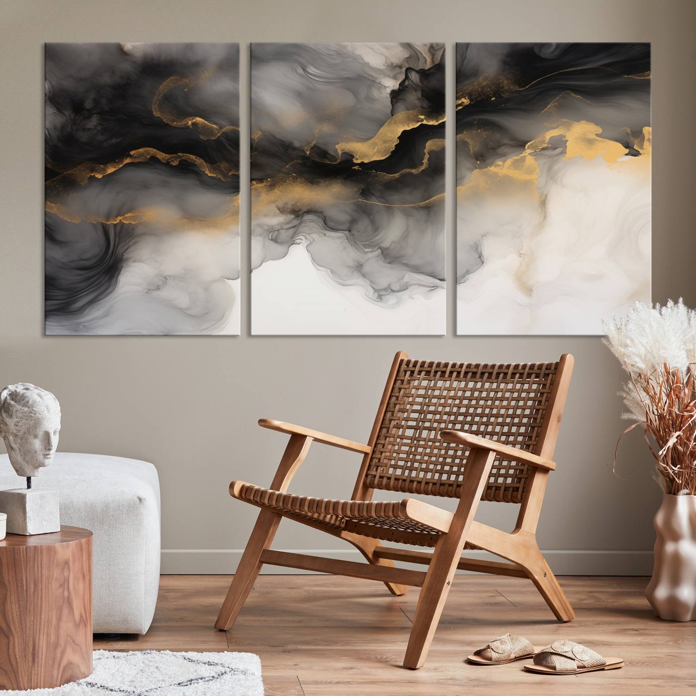 Brown Smoke Art Canvas Print for Living Room Home Decor graces a dark wall.