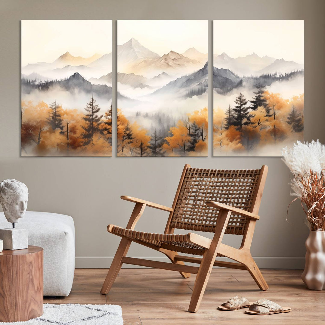 Art mural abstrait aquarelle montagnes et arbres automne