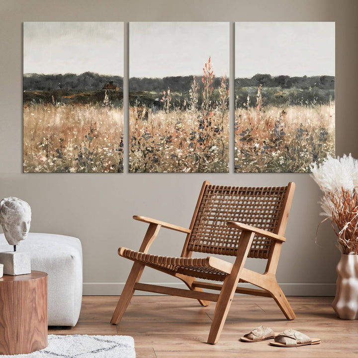 Impression de peinture à l’huile de paysage de champ de fleurs sauvages, art mural de champ de pays