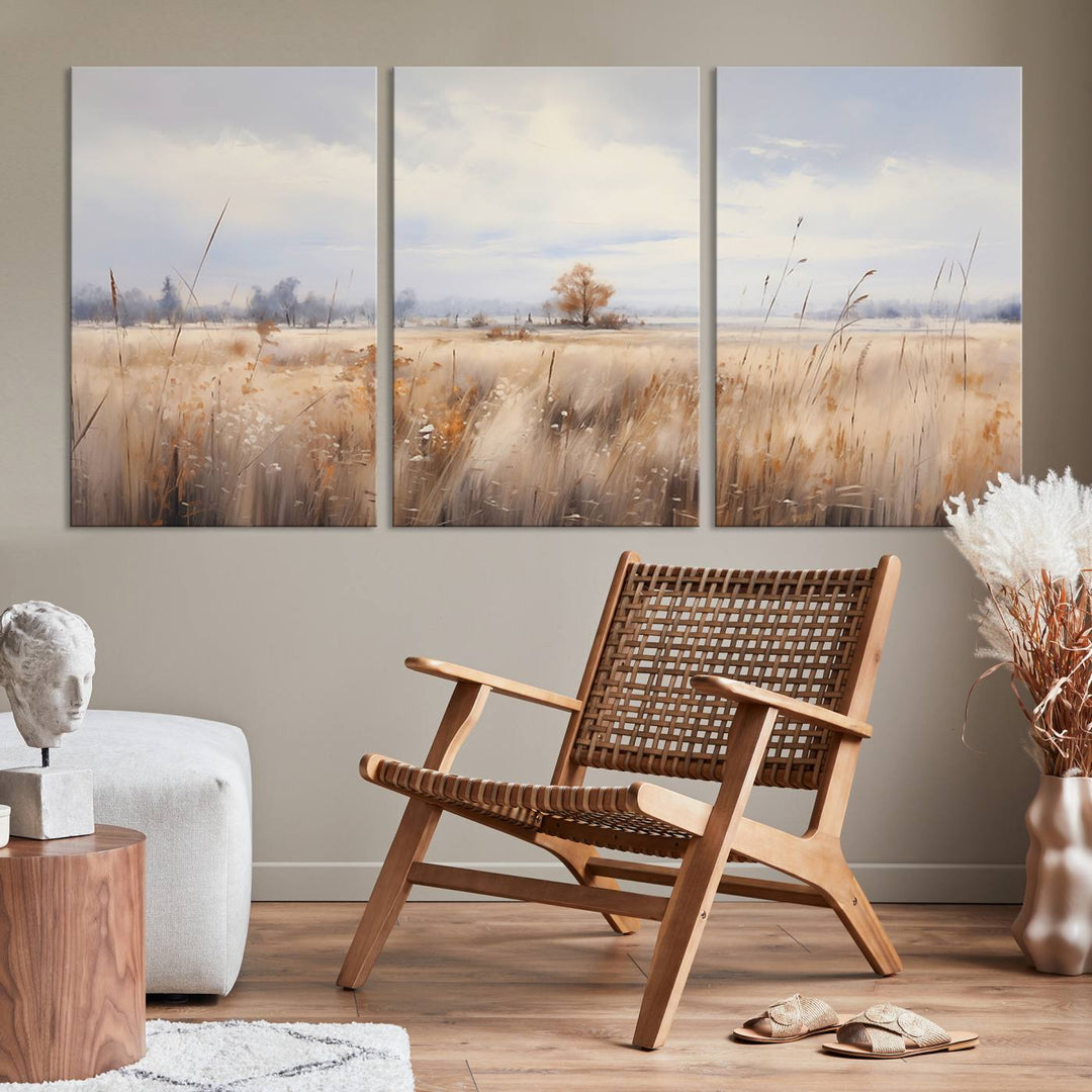 The modern living room features the Golden Fields Canvas Wall Art Print – Serene Landscape of Nature’s Tranquility in Minimalist for Farmhouse Decor, showcasing serene golden fields that enhance the calming ambiance.